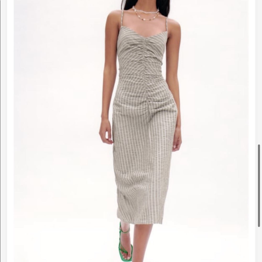 Zara striped tan and white cotton midi dress NWT - Picture 2 of 10